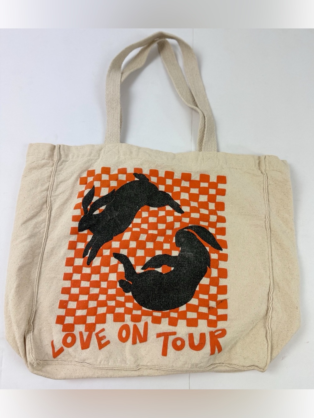 Harry Styles “Love On Tour" Canvas Bunny Tote Bag Orange-and-White Checkerboard